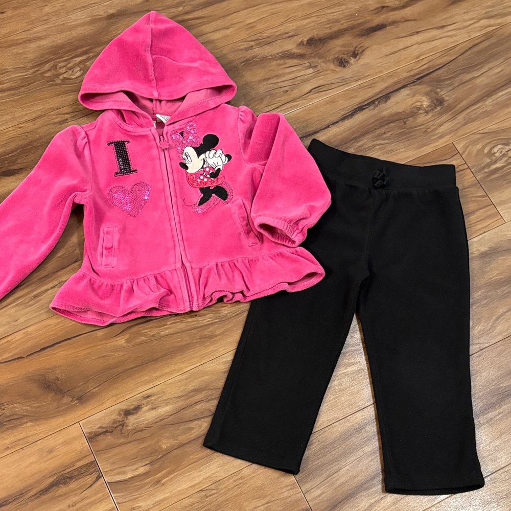 Pink Minnie Mouse Hoodie and Black Pants Set, 2T